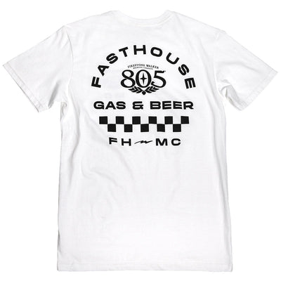 Back of 805; Parallel Black Tee, White with black text reading "Fasthouse 805 Gas & Beer," winged emblem, checkered flag