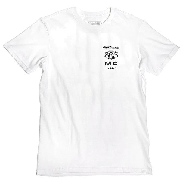 Close-up of 805; Parallel Black Tee showing White cotton tee with small black chest print reading "805 MC" and script text