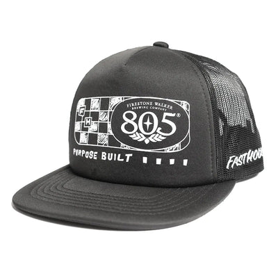 805 Purpose front view, Charcoal trucker hat with white 805 oval logo, checkered flag graphic, and "Purpose Built" text on