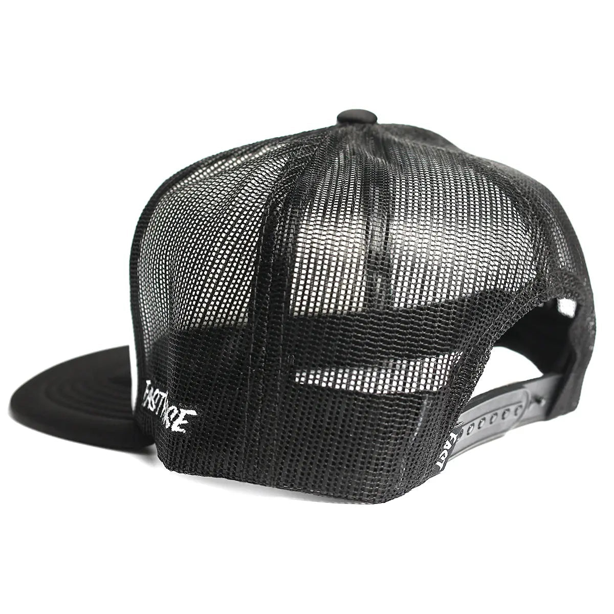 Close-up of 805 Purpose Black Hat showing Black mesh trucker cap with embroidered text on side panel and snapback closure
