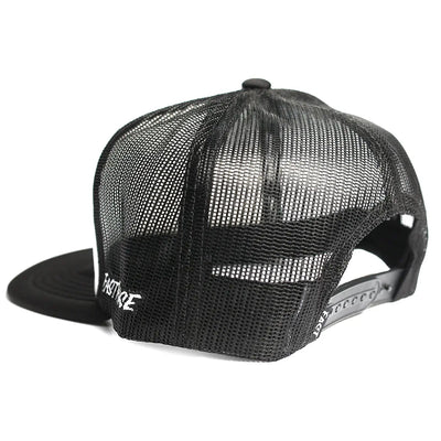 Close-up of 805 Purpose Black Hat showing Black mesh trucker cap with embroidered text on side panel and snapback closure