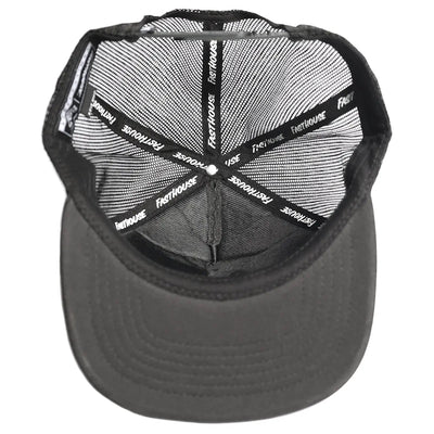 Close-up of 805 Purpose Black Hat showing Mesh back panel with white diagonal striped pattern and text bands, adjustable