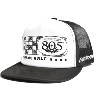 Back of 805 Purpose Black Hat, Black mesh back panel with white script text on side - Slowride Supply