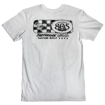 Back of 805 Purpose Black Tee, White tee with black graphic featuring checkered flag design, "805" oval badge, "Fasthouse"