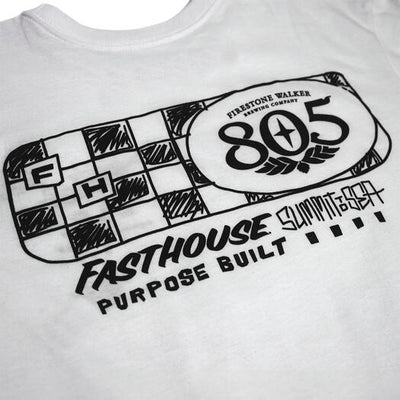 Close-up of 805 Purpose Black Tee showing Black line-art graphic of checkered racing fuel tank with number 805 medallion and