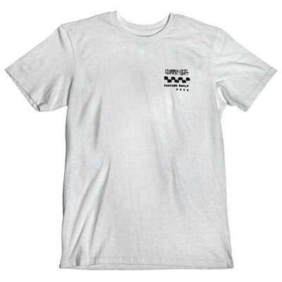 Close-up of 805 Purpose Black Tee showing Small black checkered flag and text graphic on left chest, white crew neck tee -