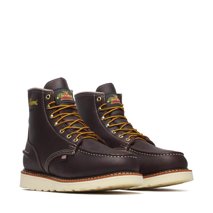 814-3600 6" Briar Pitstop Boot Boots front view, Dark brown leather with cream stitching, gold laces, and yellow-gold tongue