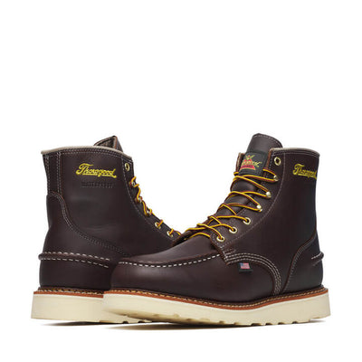 Close-up of 814-3600 6" Briar Pitstop Boot Boots Boots showing Dark brown leather with cream stitching, yellow and black