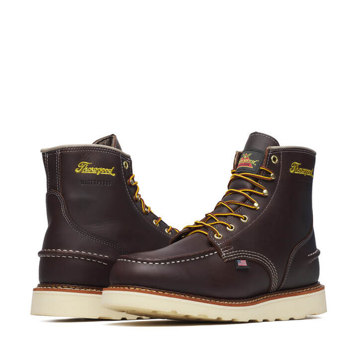 Close-up of 814-3600 6" Briar Pitstop Boot Boots Boots showing Dark brown leather with cream stitching, yellow and black
