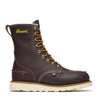 Back of 814-3800 8" Briar Pitstop Boots Boots, Brown leather boot back with cream stitching and small American flag patch -