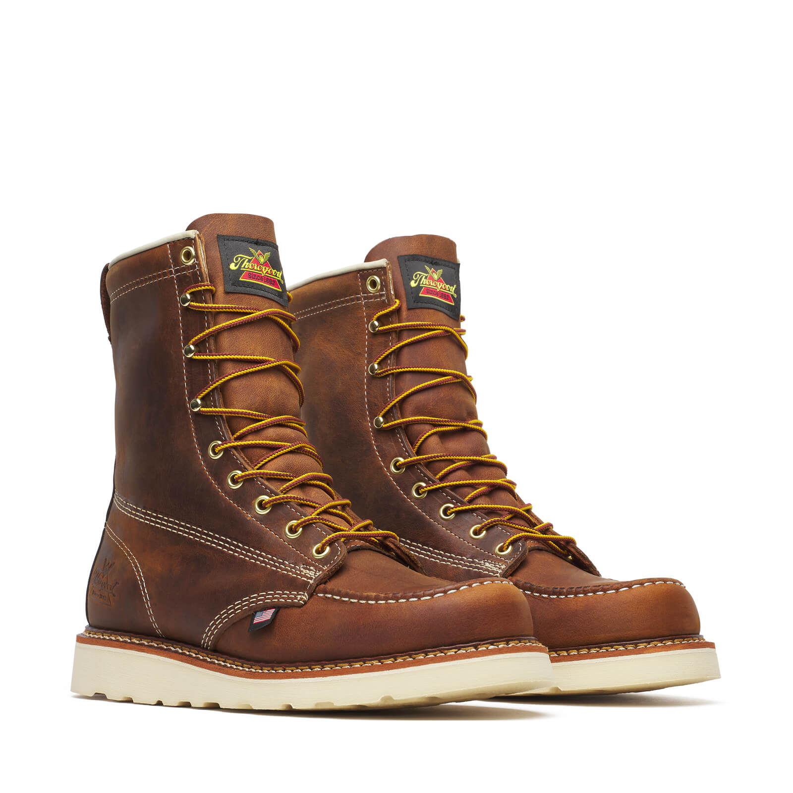 814-4178 8" Trail Crazyhorse Boots front view, Brown leather work boots with golden laces, cream sole, and branded tongue