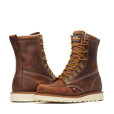 Close-up of 814-4178 8" Trail Crazyhorse Boots Boots showing Cream contrast stitching along seams and moc toe, brass