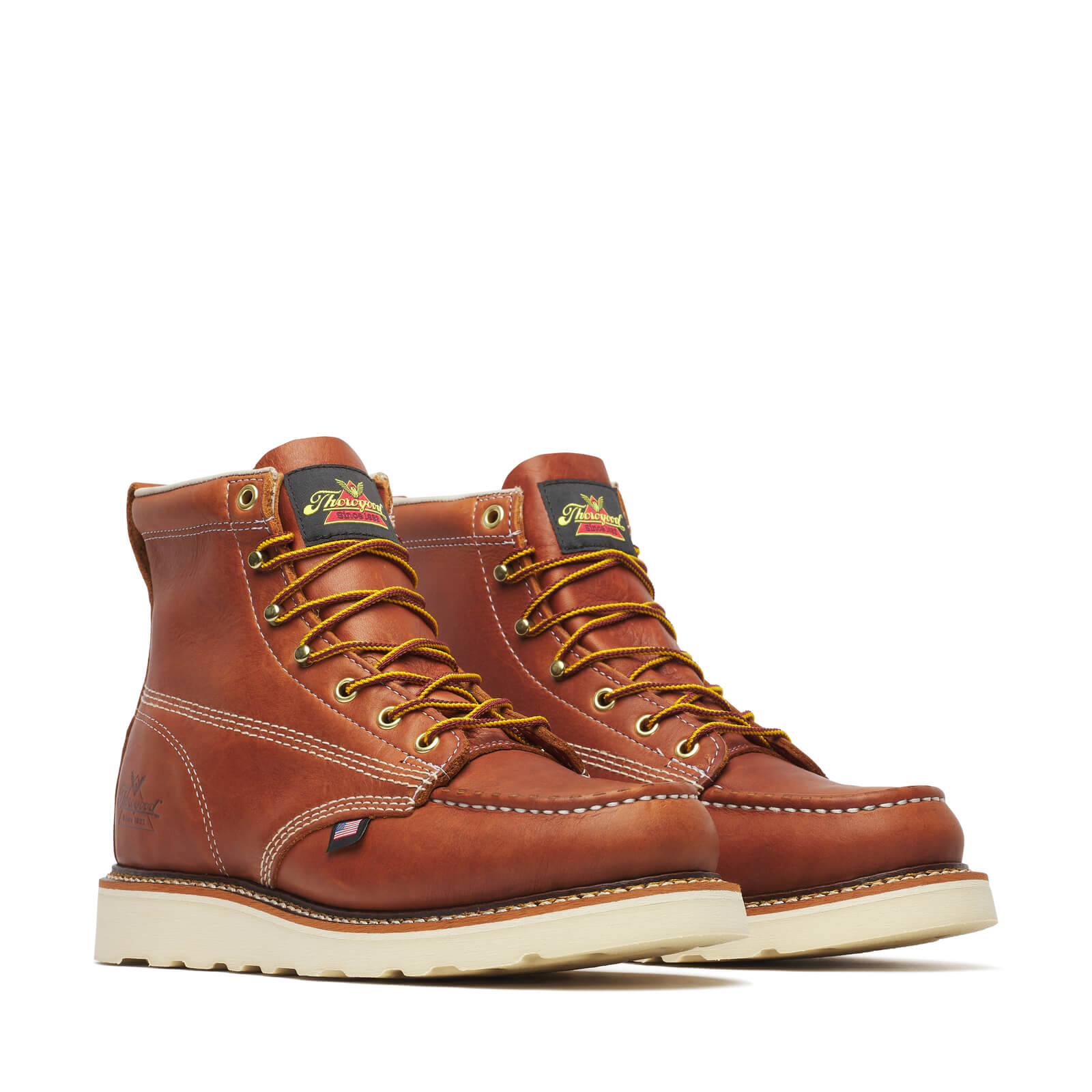 814-4200 6" Tobacco Boots front view, Cognac leather with gold and black tongue patch, cream stitching, and cream wedge