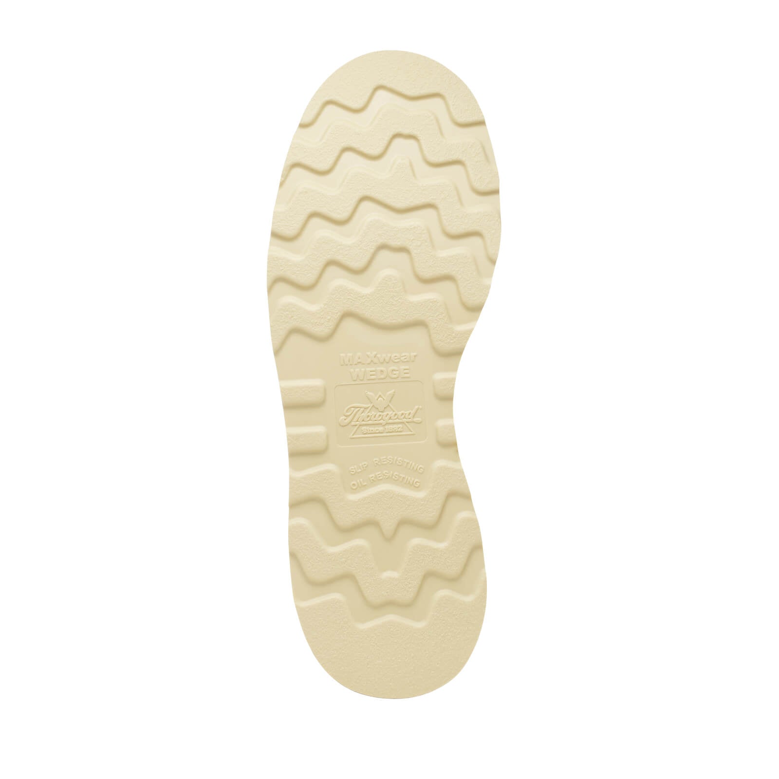 Close-up of 814-4200 6" Tobacco Boots Boots showing Cream rubber sole with wavy tread pattern and embossed branding details