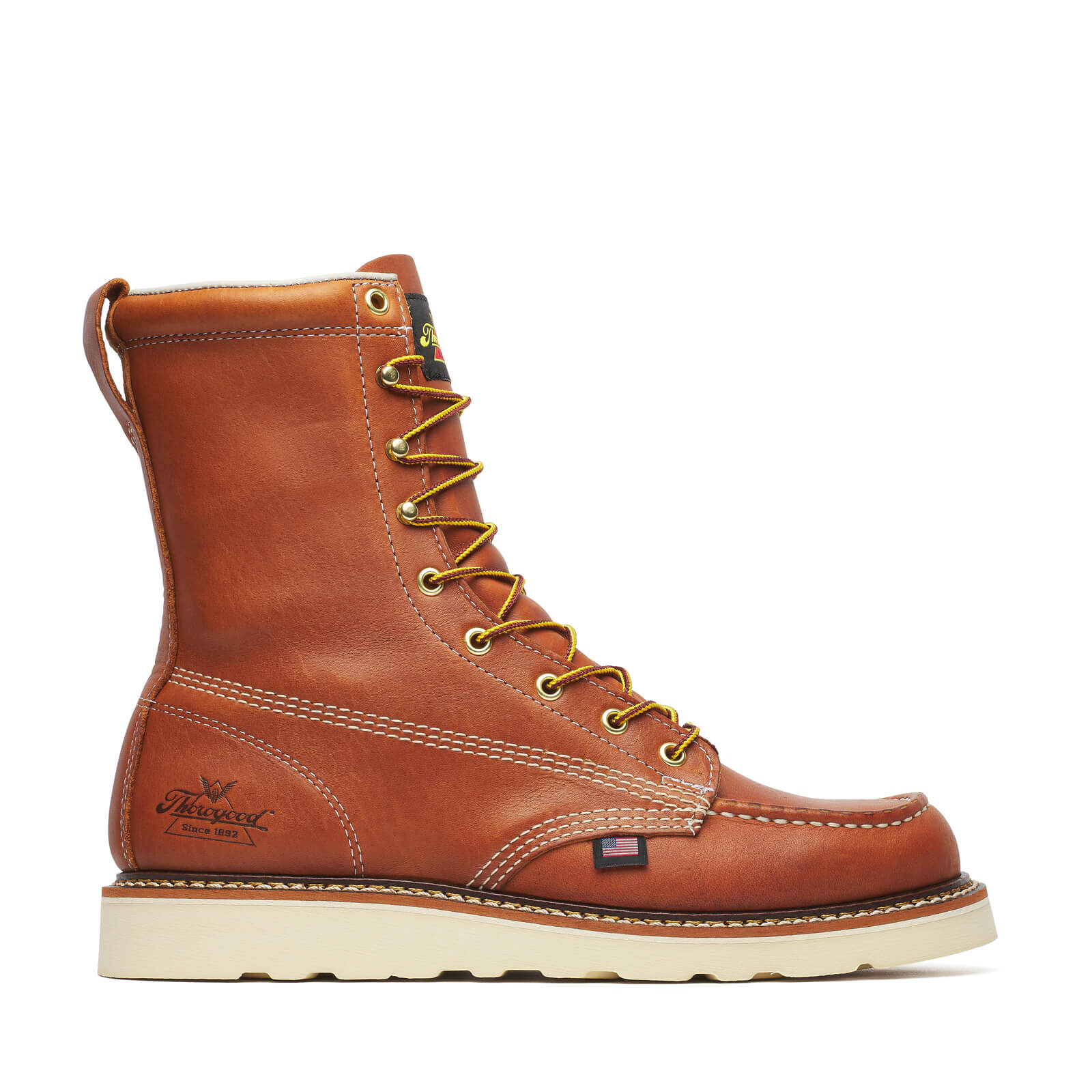 Back of 814-4201 8" Boots Tobacco Boots, Cream and rust leather heel counter with embroidered text and American flag patch