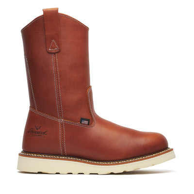 Back of 814-4208 Wellington Wedge Boots Tobacco Boots, Cognac leather back with contrasting cream stitching and small flag