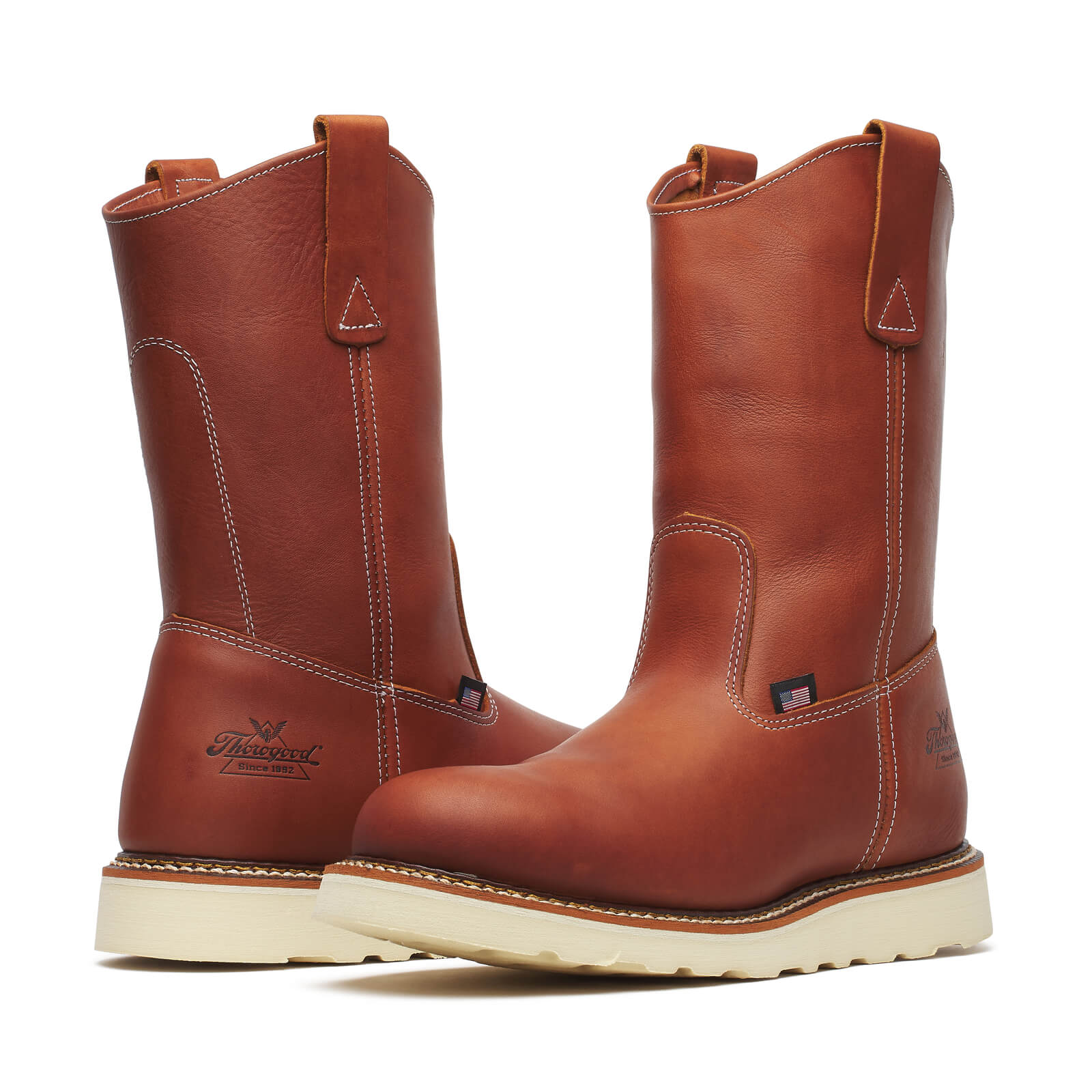 Close-up of 814-4208 Wellington Wedge Boots Tobacco Boots showing Rust leather with contrast cream wedge sole and cream