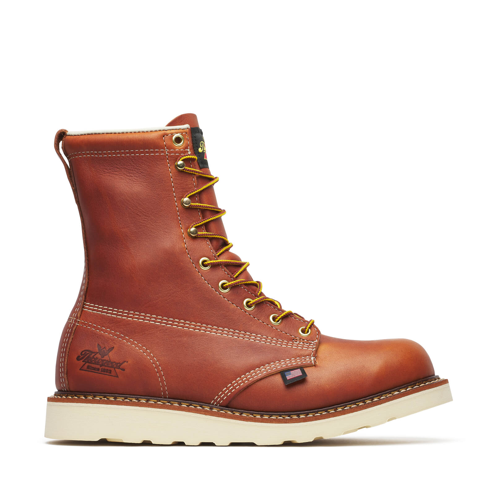 Back of 814-4364 8" Boots Tobacco Boots, Tobacco leather back with cream stitching and embroidered brand logo on heel -