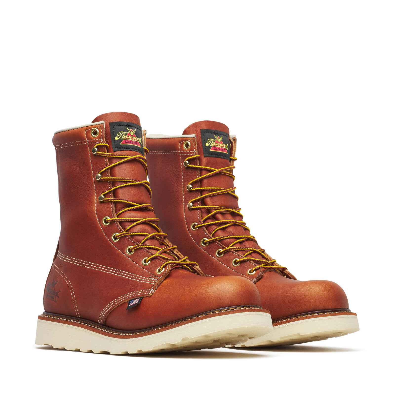 814-4364 8" Boots front view, Red-brown leather with cream-colored rubber sole, gold laces and eyelets, contrasting cream