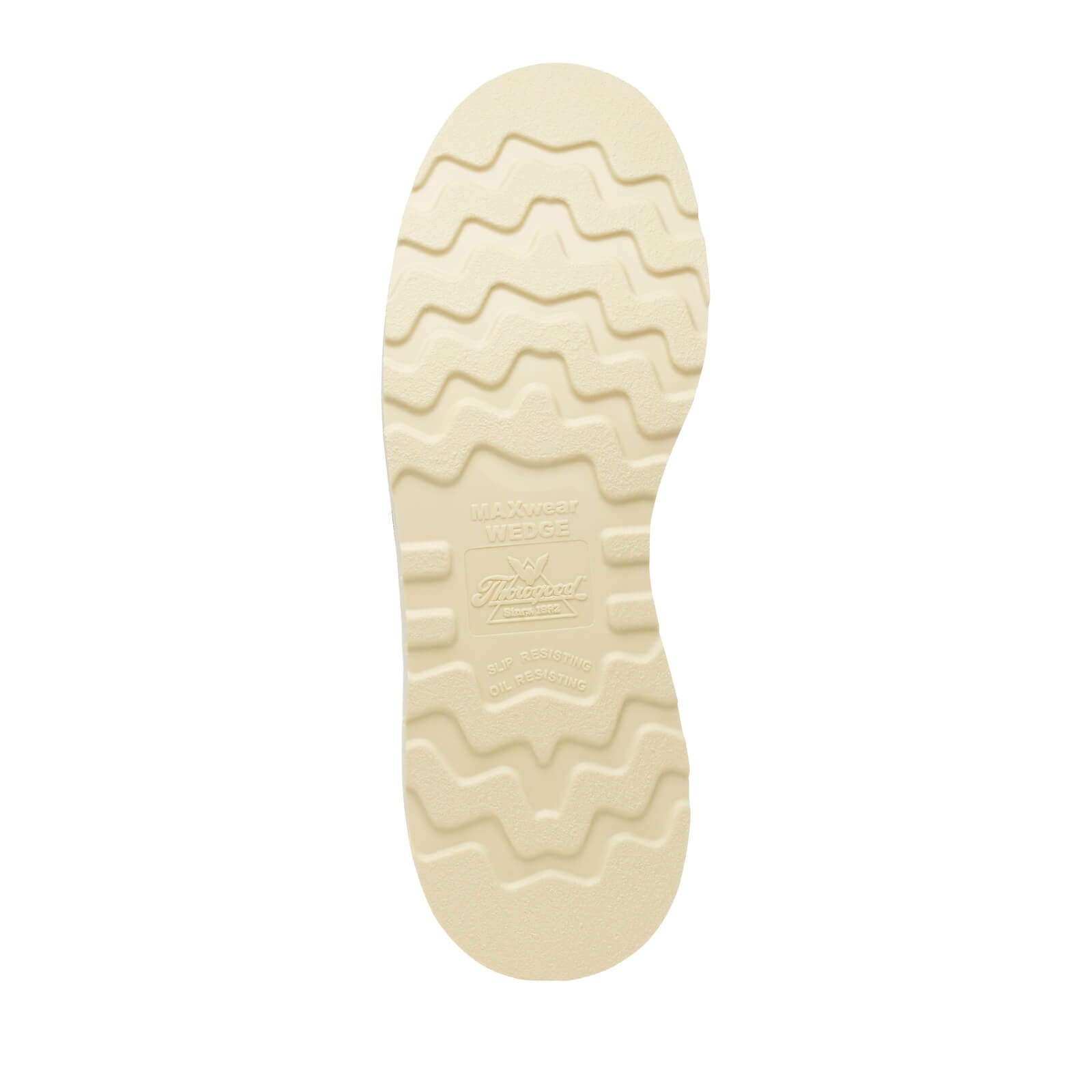Close-up of 814-4364 8" Boots Tobacco Boots showing Cream rubber sole with wavy tread pattern and embossed branding details