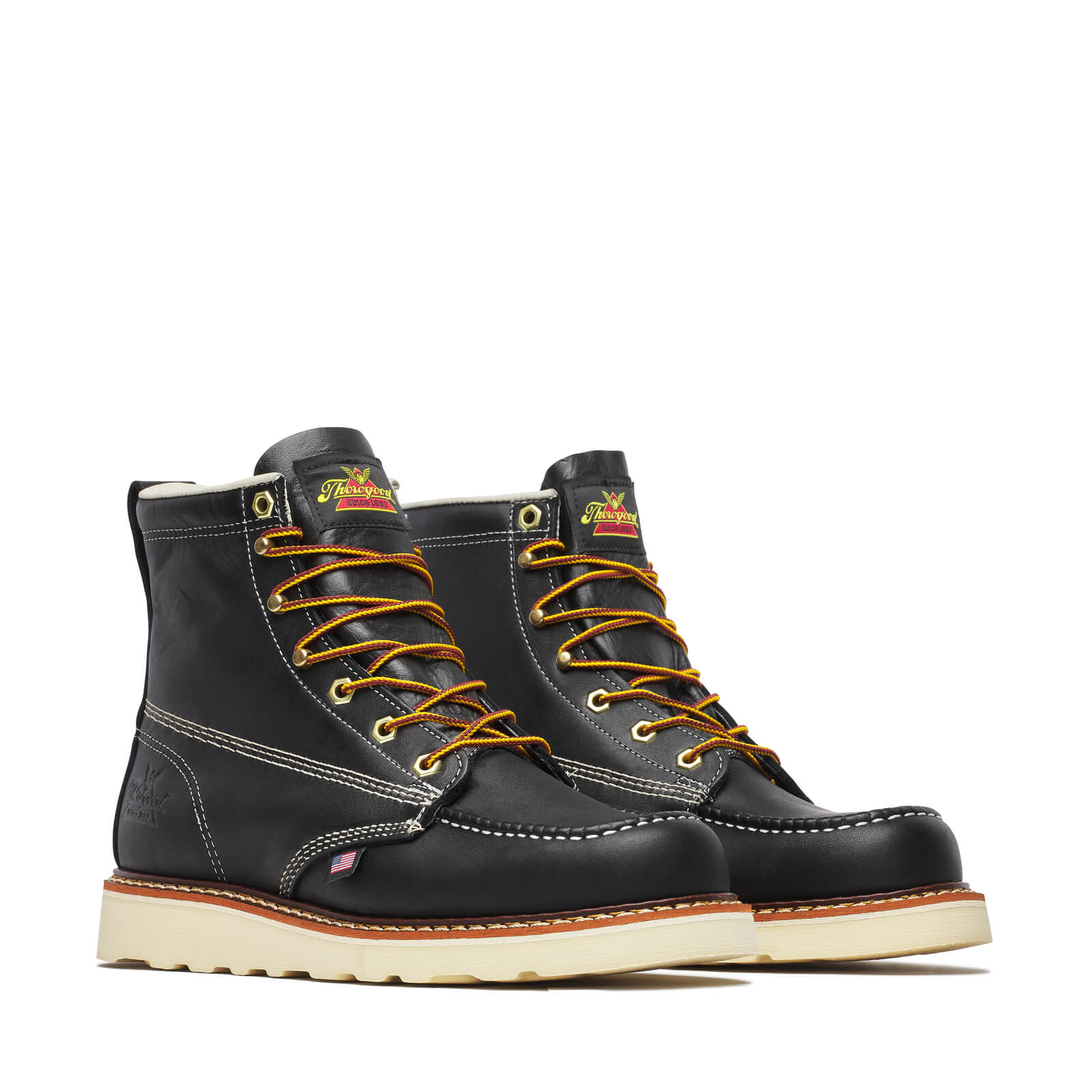 814-6201 6" Black Boots front view, Black leather work boots with cream contrast stitching, gold eyelets, and gold and black