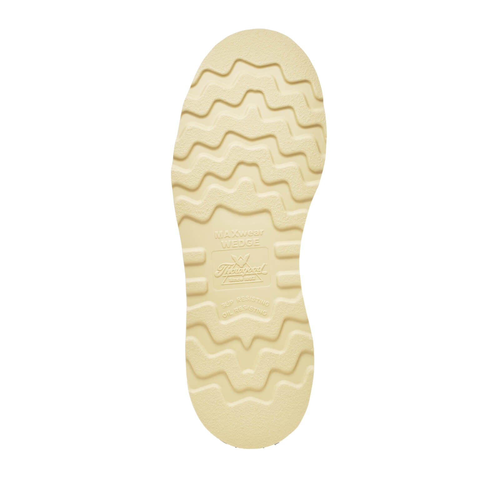 Close-up of 814-6201 6" Black Boots Boots showing Cream rubber sole with wavy tread pattern and embossed branding details -