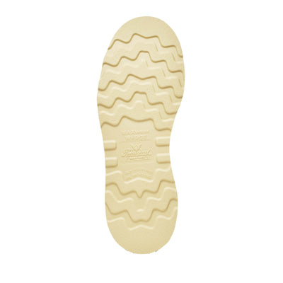 Close-up of 814-6201 6" Black Boots Boots showing Cream rubber sole with wavy tread pattern and embossed branding details -