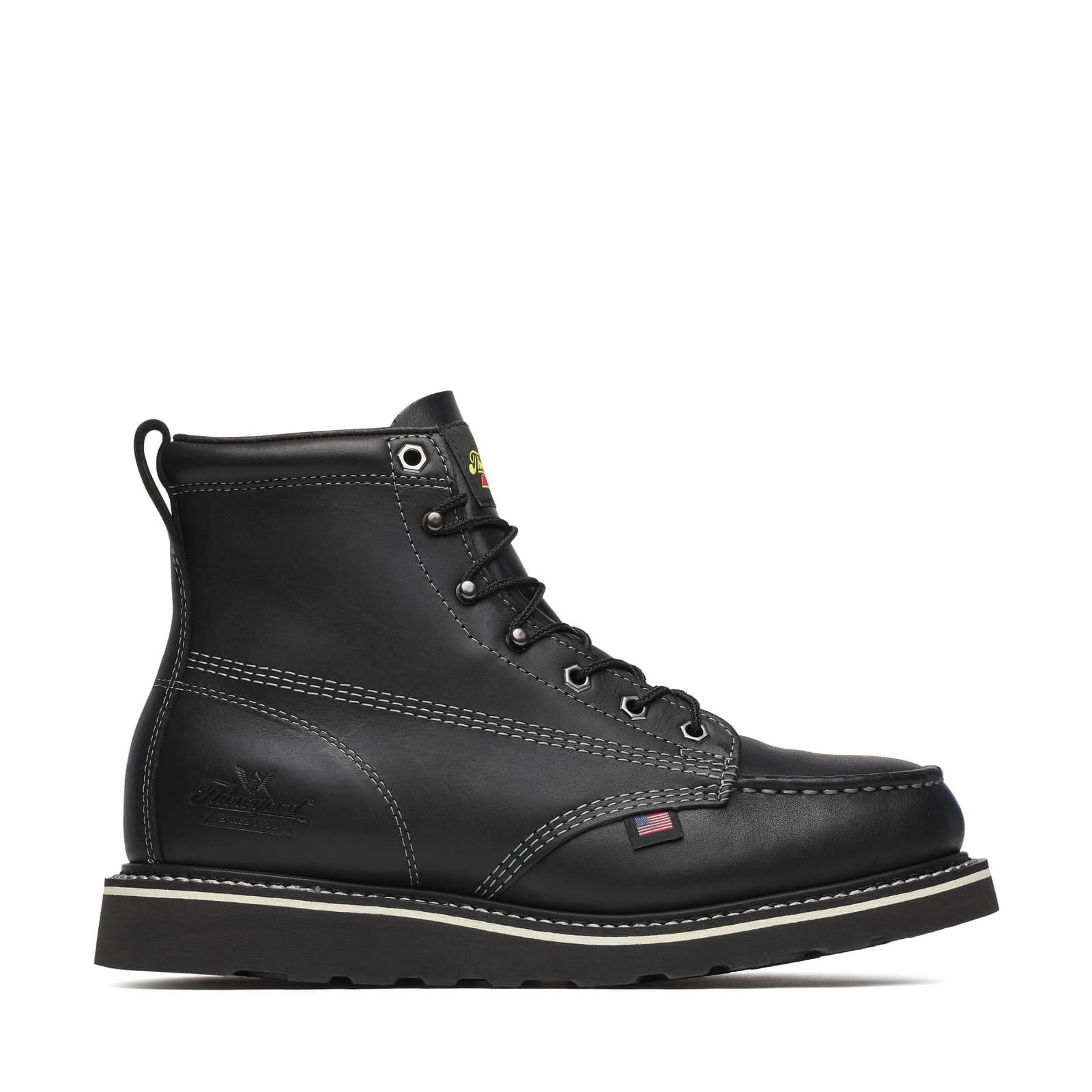 Back of 814-6206 6" Boots Midnight Black Boots, Heel with white contrast stitching and cream stripe detail - Slowride Supply
