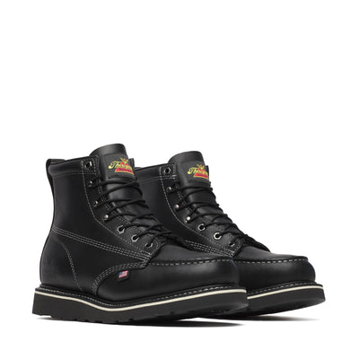 814-6206 6" Boots front view, Black leather moc-toe work boots with cream stitching and contrasting sole stripe, Midnight
