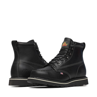 Close-up of 814-6206 6" Boots Midnight Black Boots showing Black leather lace-up boots with white stitching throughout,