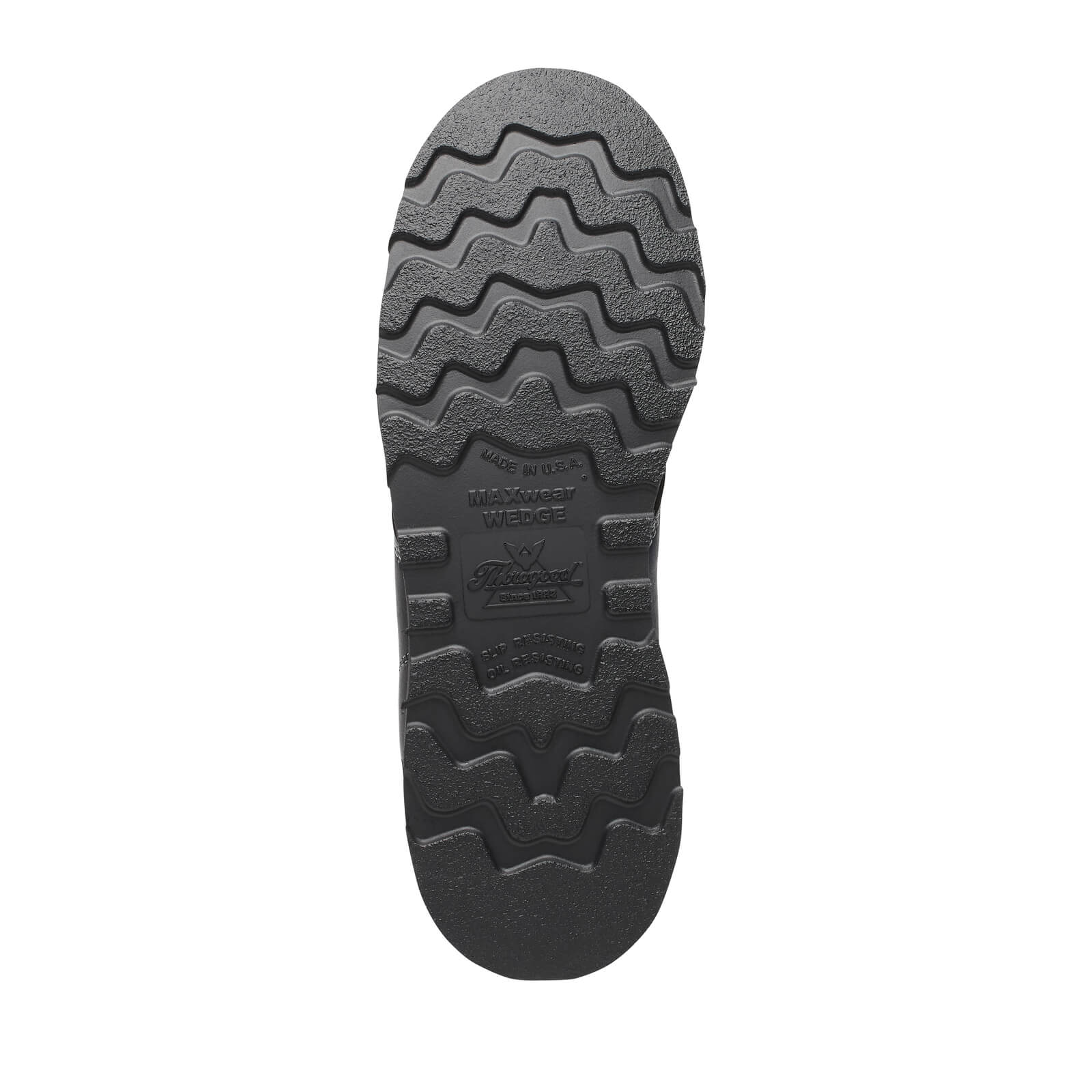 Close-up of 814-6206 6" Boots Midnight Black Boots showing Wavy lug sole with deep tread pattern and embossed maker's mark -