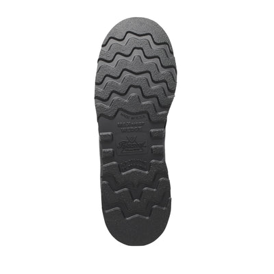 Close-up of 814-6206 6" Boots Midnight Black Boots showing Wavy lug sole with deep tread pattern and embossed maker's mark -