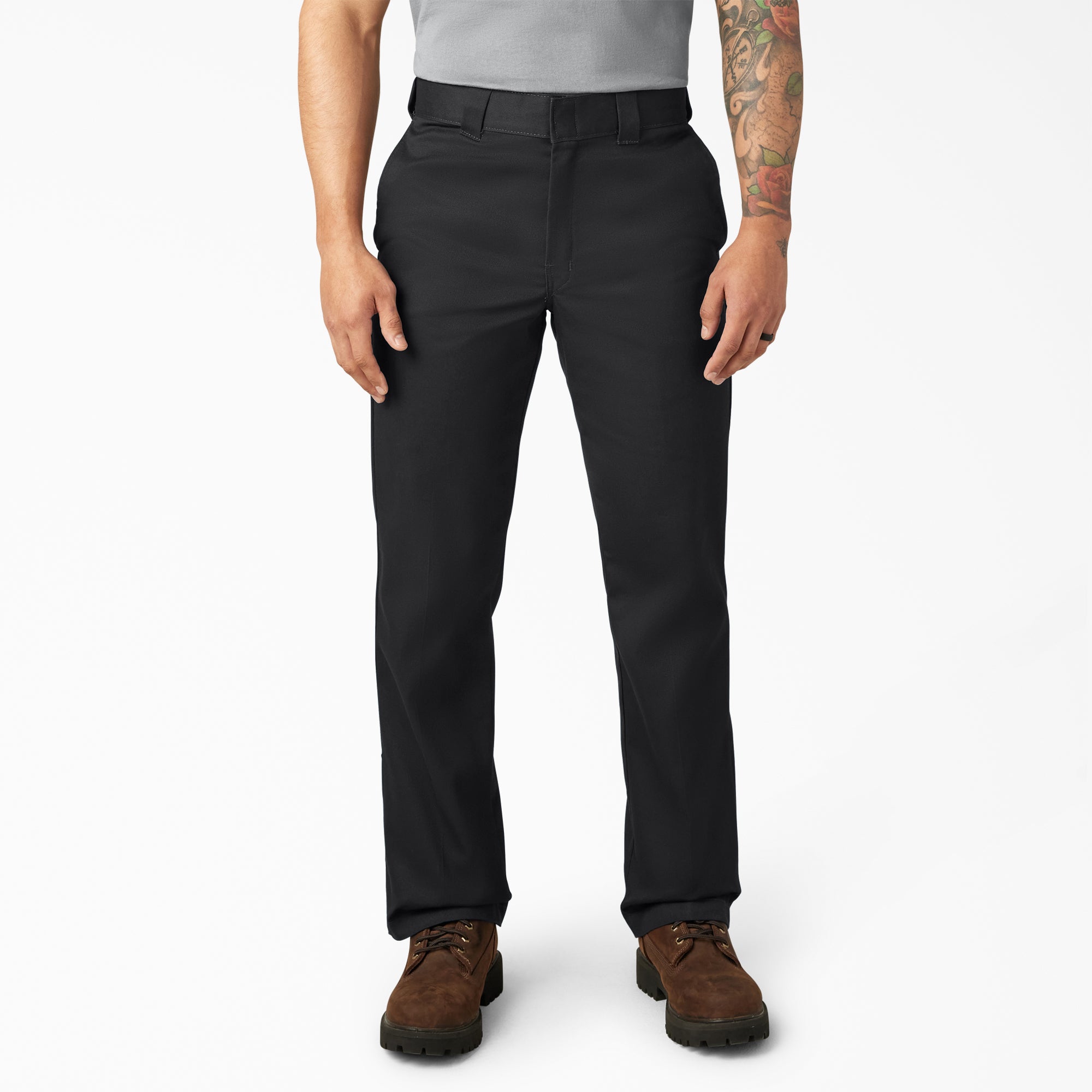 874f - Flex Work Pant Pants front view, Black work pants with flat front and belt loops, straight leg cut, Dark Navy Pants -