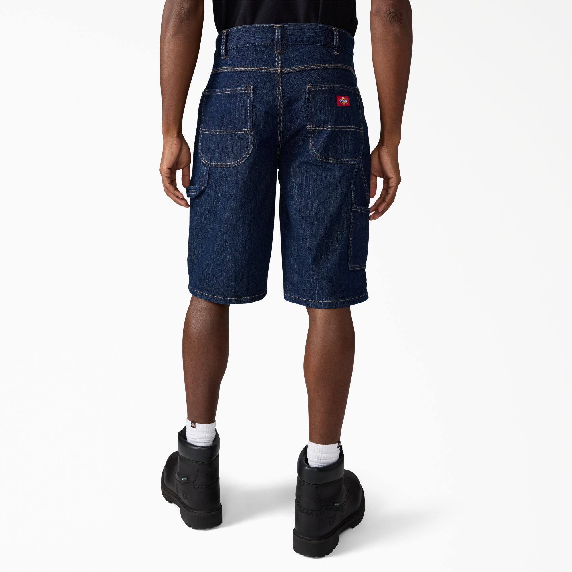 Back of A88a4 Denim Utility Short 13" Shorts Dark Wash Shorts, Dark indigo denim with tan topstitching, patch pockets, and