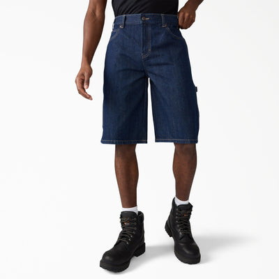 A88a4 Denim Utility Short 13" Shorts front view, Dark indigo denim shorts with tan contrast stitching and utility pocket