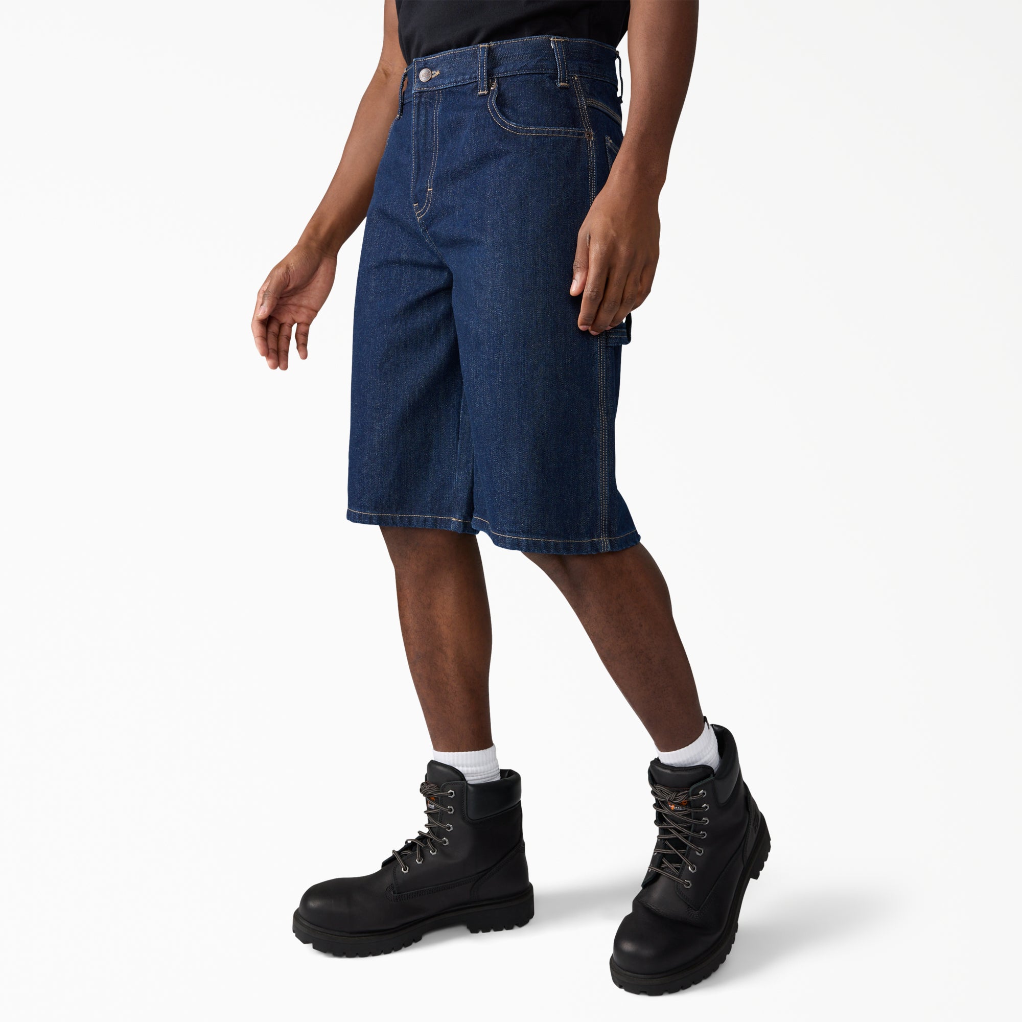 Person wearing A88a4 Denim Utility Short 13" Shorts Dark Wash Shorts, Model wearing dark wash denim shorts styled casually