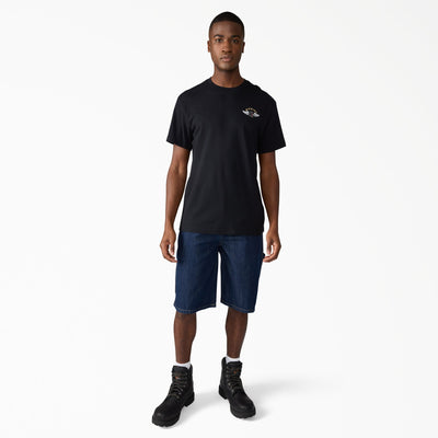 Person wearing A88a4 Denim Utility Short 13" Shorts Dark Wash Shorts, Plain white studio backdrop with neutral lighting and