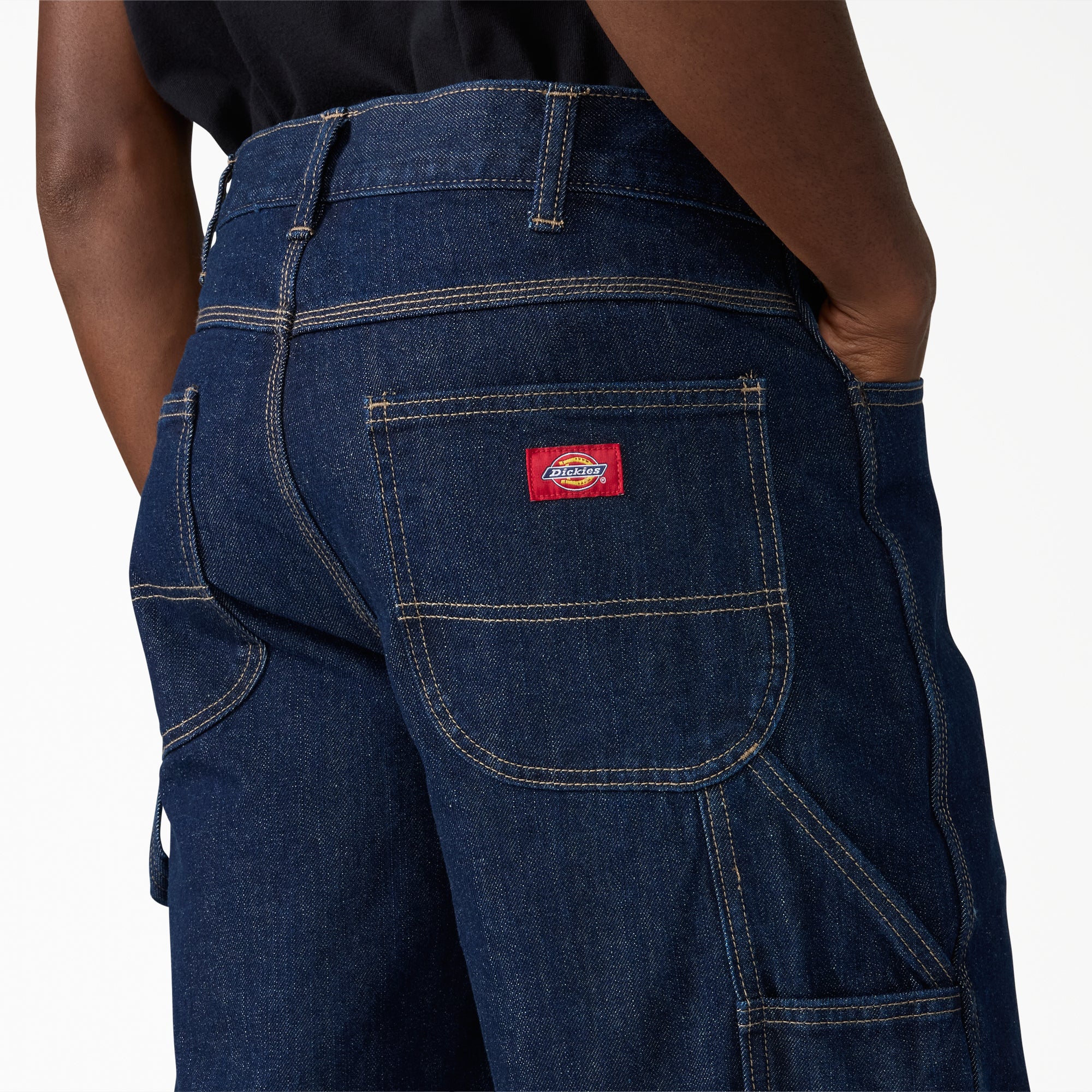 Person wearing A88a4 Denim Utility Short 13" Shorts Dark Wash Shorts, Wearer standing against neutral white background,