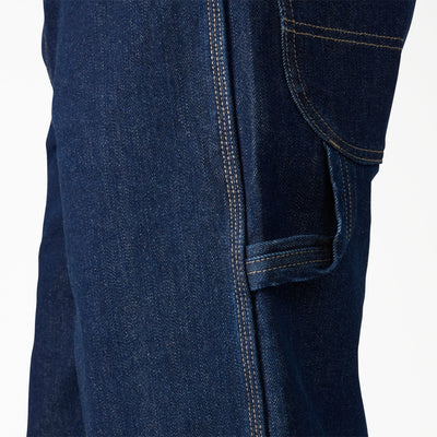 Close-up of A88a4 Denim Utility Short 13" Shorts Dark Wash Shorts showing Tan topstitching detail on dark indigo denim with