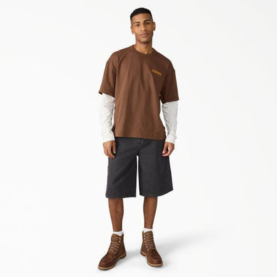 Person wearing A89g5 Worn in Relaxed Carpenter Short 13" Shorts Black Shorts, Man wearing brown t-shirt and black shorts