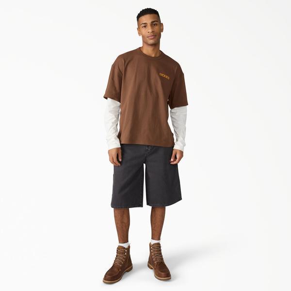 Person wearing A89g5 Worn in Relaxed Carpenter Short 13" Shorts Black Shorts, Man wearing brown t-shirt and black shorts