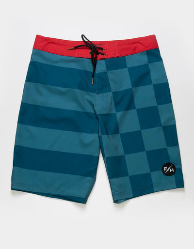 After Hours Banner 21" Boardshort Boardshorts front view, Red waistband with black drawstring, teal and navy checkerboard