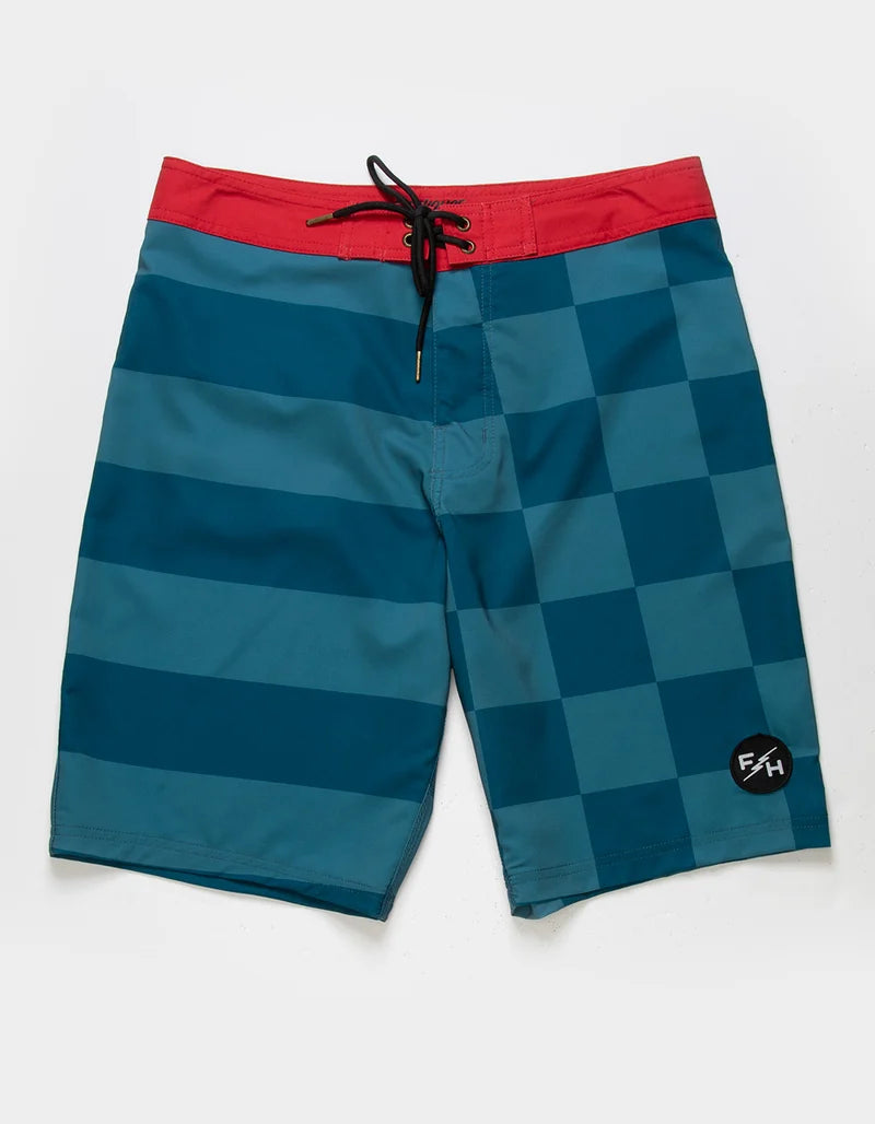 After Hours Banner 21" Boardshort Boardshorts front view, Red waistband with black drawstring, teal and navy checkerboard