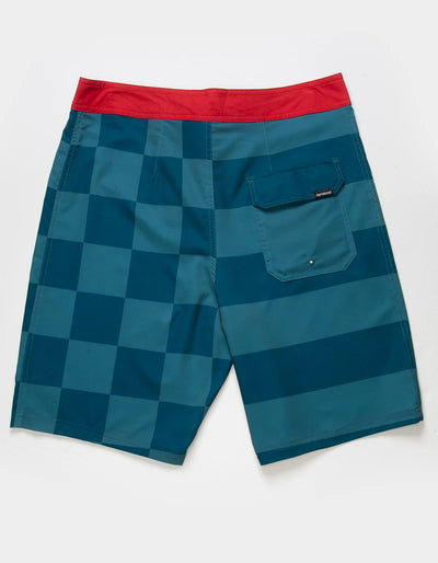 Back of After Hours Banner 21" Boardshort Boardshorts Navy Boardshorts, Teal and navy checkerboard pattern with horizontal