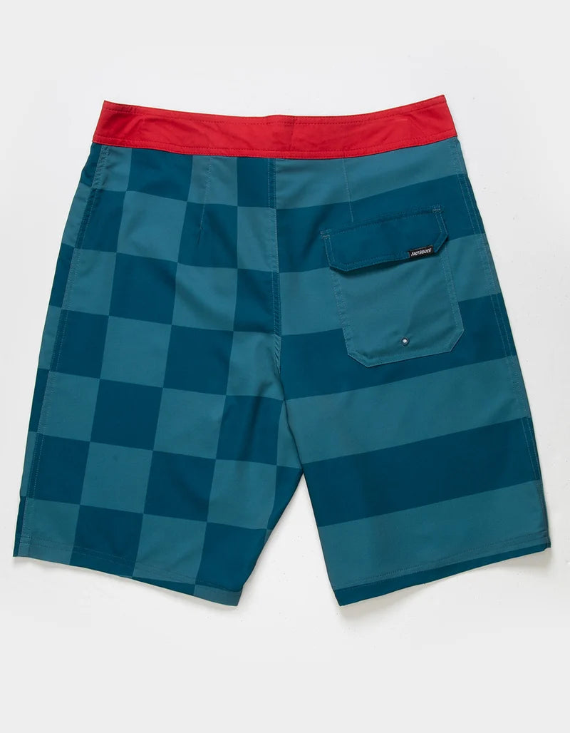 Back of After Hours Banner 21" Boardshort Boardshorts Navy Boardshorts, Teal and navy checkerboard pattern with horizontal