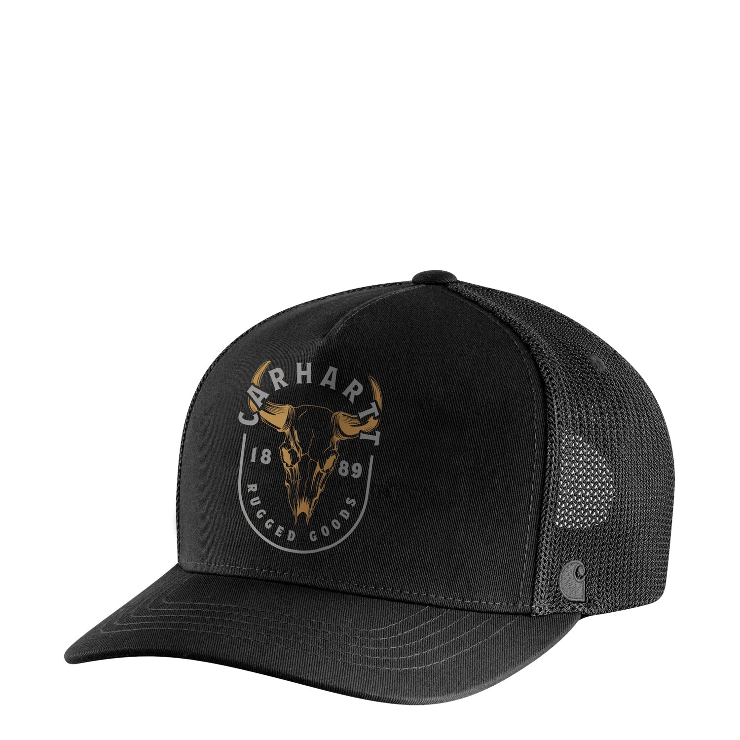 Ah7474 Skull Graphic Mesh Cap Apparel front view, Black corduroy front with gold and gray bull skull graphic, circular text