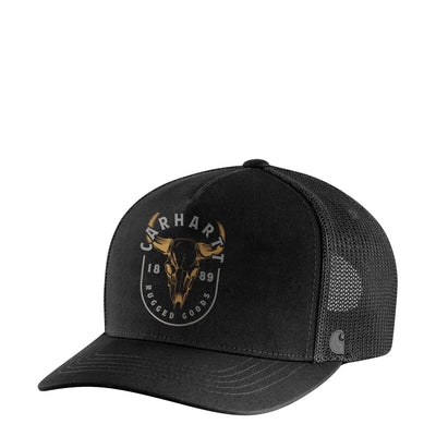Ah7474 Skull Graphic Mesh Cap Apparel front view, Black corduroy front with gold and gray bull skull graphic, circular text