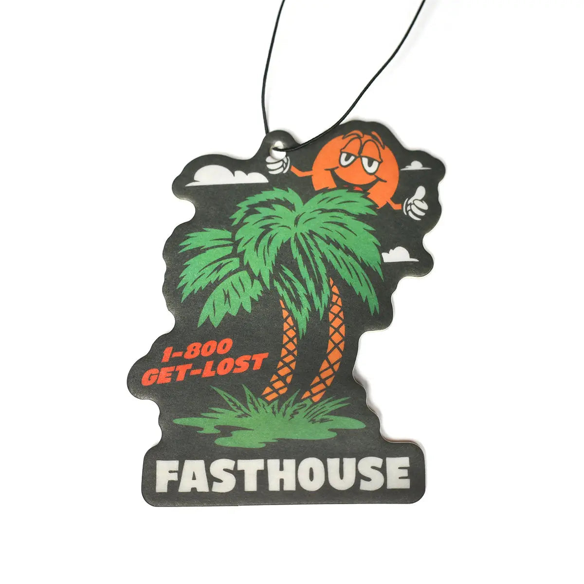 Air Freshener Get Lost Accessory front view, Black with orange palm tree character, green foliage, and 1-800-GET-LOST text,