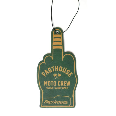 Air Freshener Number One Accessory front view, Forest green foam hand with gold lettering and striped details, suspended on
