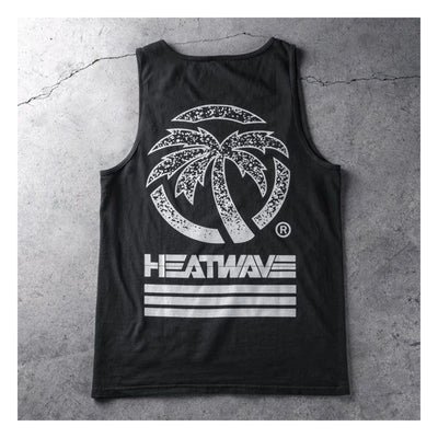 Alloy Tank Top Apparel front view, Black with white palm tree graphic and "HEATWAVE" text with horizontal stripes below,